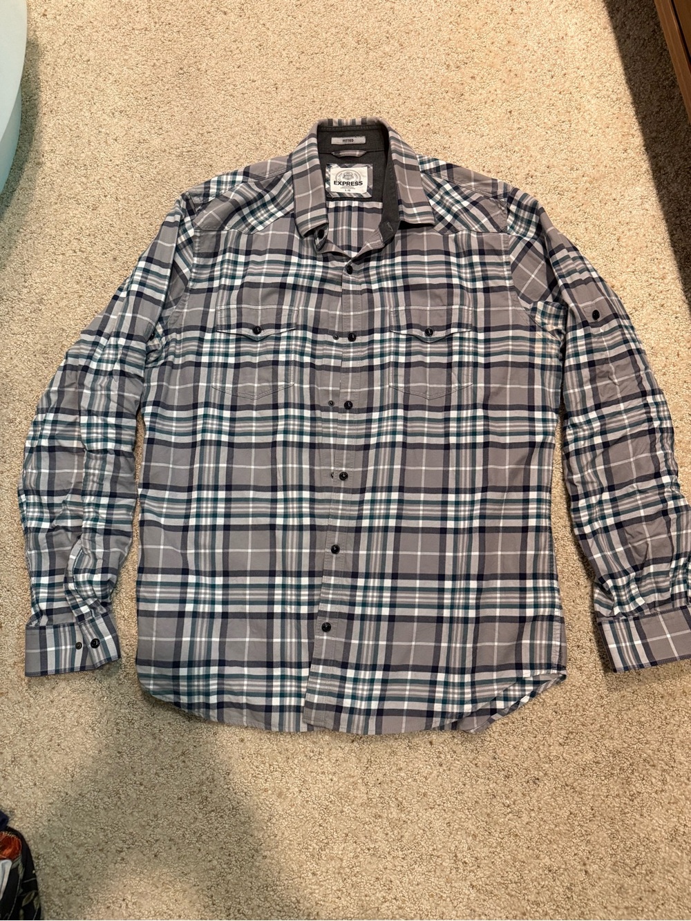 Express Cotton Fitted Plaid Button Down Shirt - Large